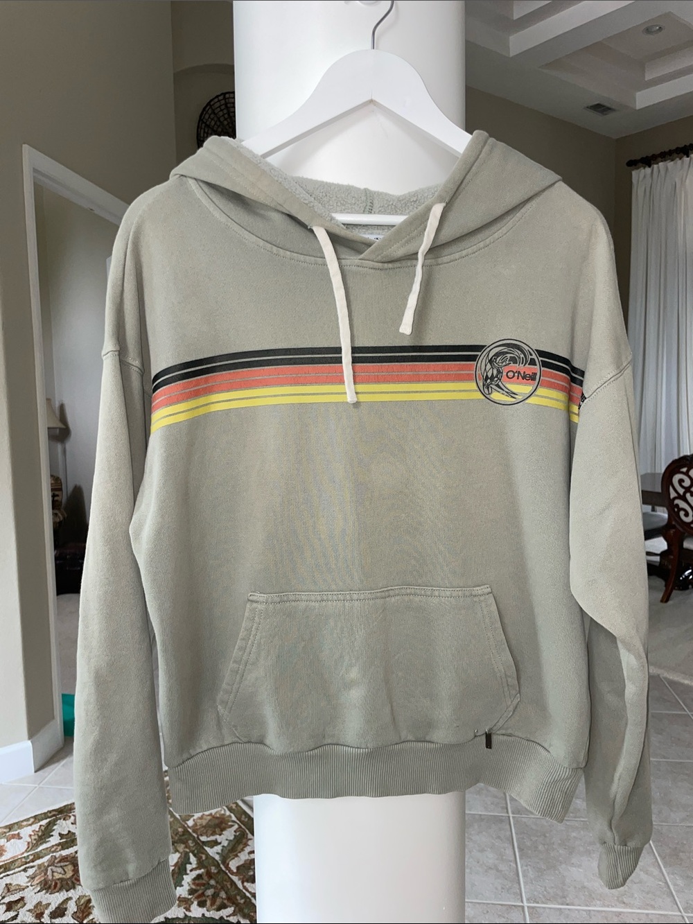 O'Neill Sage Green Hooded Sweatshirt with Black, Rust and Yellow Stripes XS